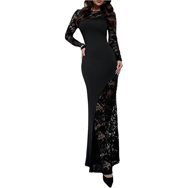 Amazon.com: SweatyRocks Women's Sexy Sheer Lace Long Sleeve Split Maxi  Cocktail Long Party Dresses Dusty Pink XS : Clothing, Shoes & Jewelry