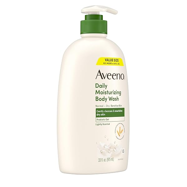 AVEENO DAILY MOISTURIZING BODY WASH FOR WOMEN AND MEN FOR DRY & SENSITIVE SKIN, PARABEN, SOAP & DYE-FREE, GENTLE SHOWER CLEANSER, DERMATOLOGIST RECOMMENDED BRAND, LIGHTLY SCENTED, 33 FL OZ