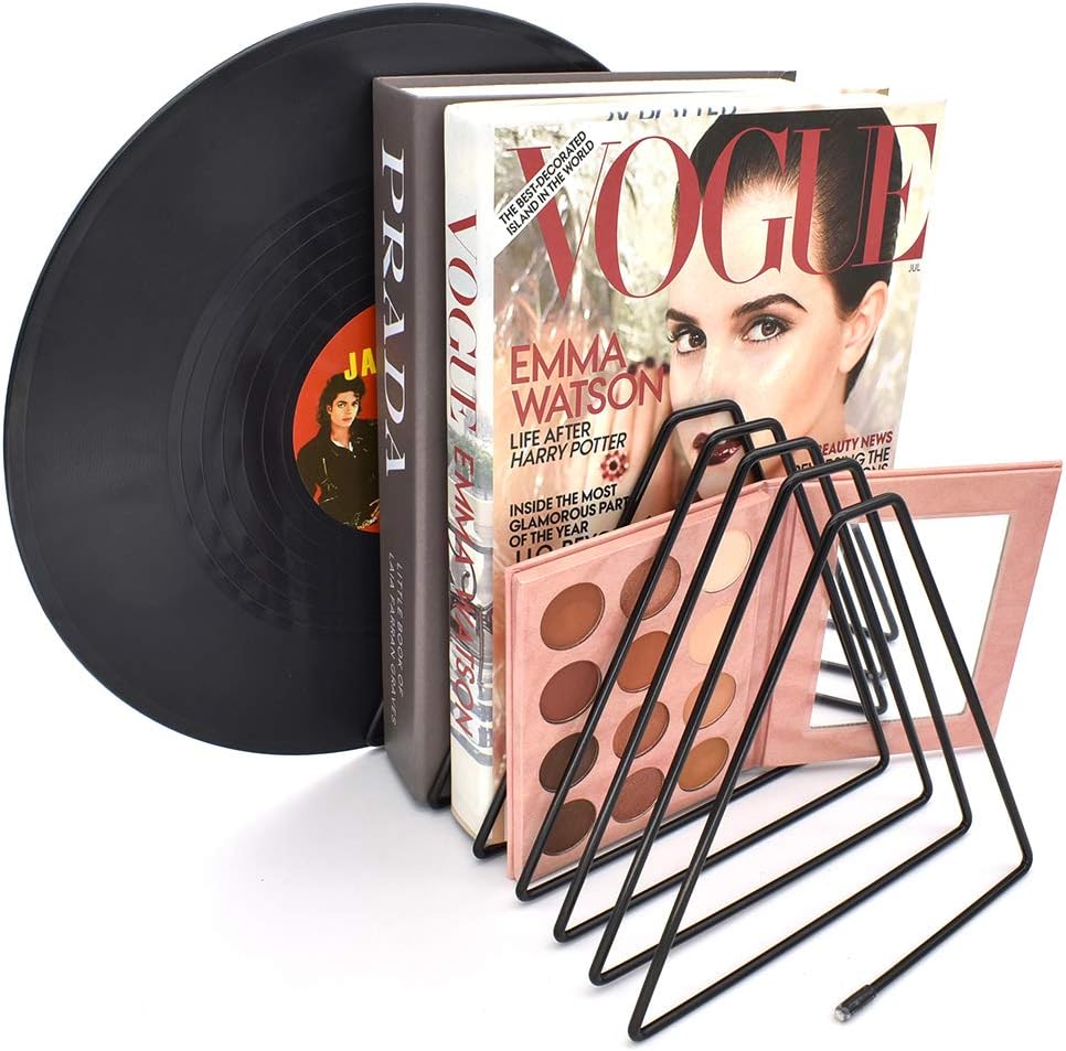 Adjustable 7-Slots Desktop Magazine File Holder, Triangle Metal Wire Record/Book Organizer Rack, File Folder Organizer Sorter, Vinyl/Magazine Storage, Display Rack for Decoration/Office (Black) : Office Products