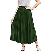 Flygo Pleated Skirts for Women Elastic High Waist A-Line Midi Skirt Casual Flowy Swing Pleated Skirt(Green-L)