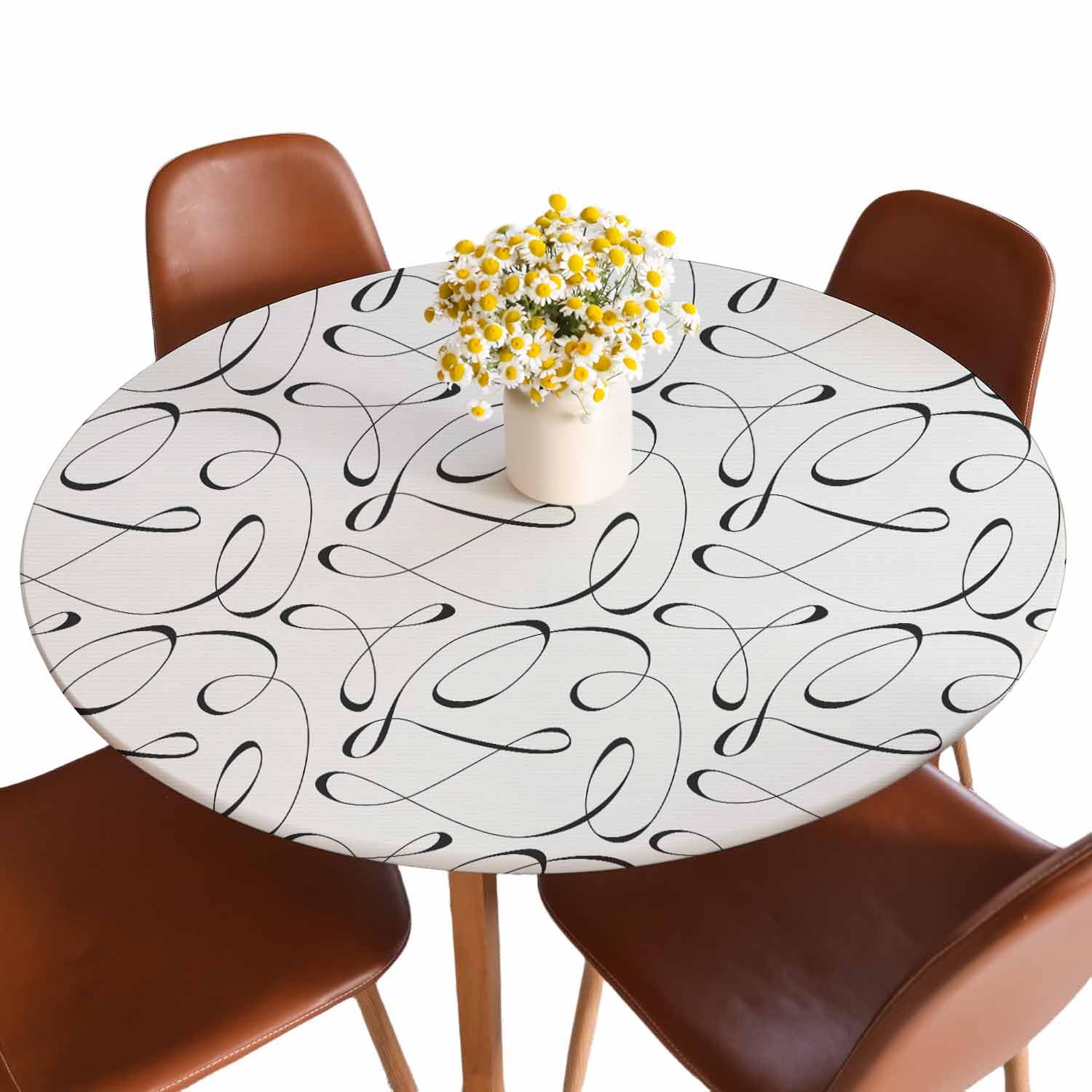 Photo 1 of Guxxuil Abstract Line Tablecloth Round Tangled Modern Texture Geometric Beige Waterproof Wipeable Table Cloth Cover Table Pad Cover for Dining Room Fitted Table 40-44 inch