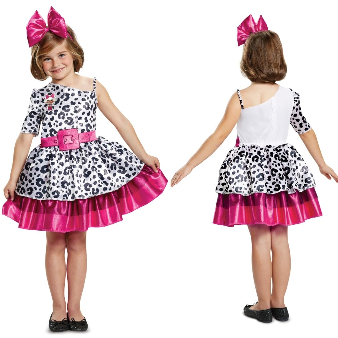 Disguise LOL Dolls Diva Classic Costume, Official LOL Dolls Diva Dress Up, Includes a Black and White Leapord Print Dress with Pink Details and Pink Bow Headband, Size M (7-8)