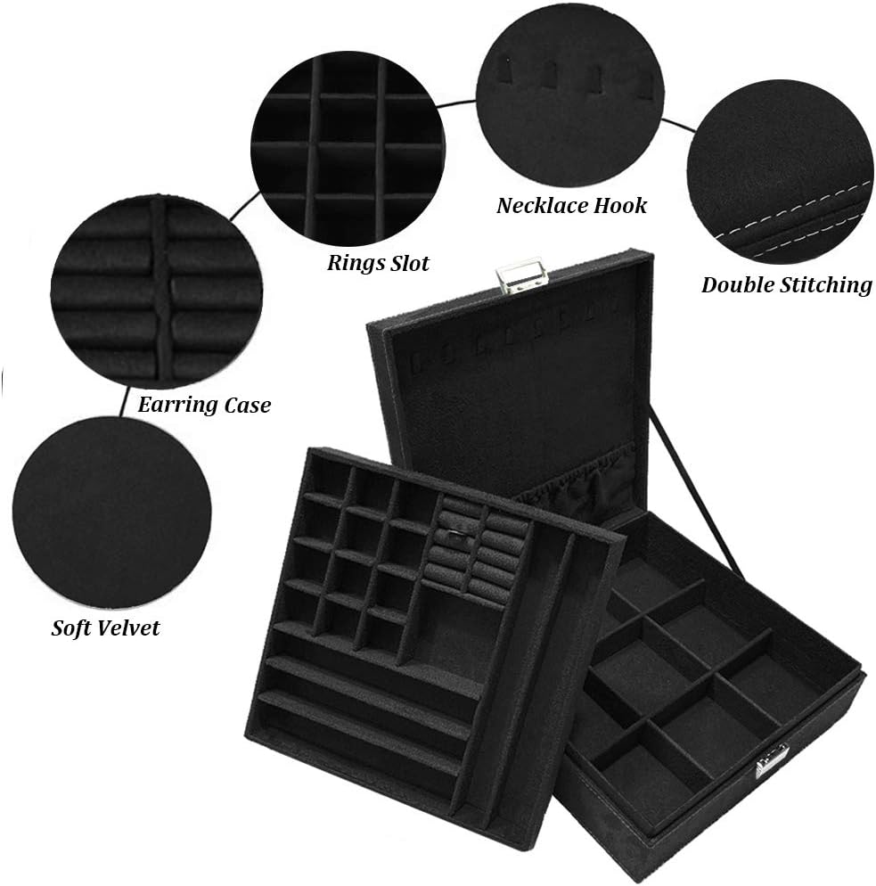Jewelry Box for Women, QBeel 2 Layer 36 Compartments Necklace Jewelry Organizer with Lock Jewelry Holder for Earrings Bracelets Rings - Black: Home & Kitchen