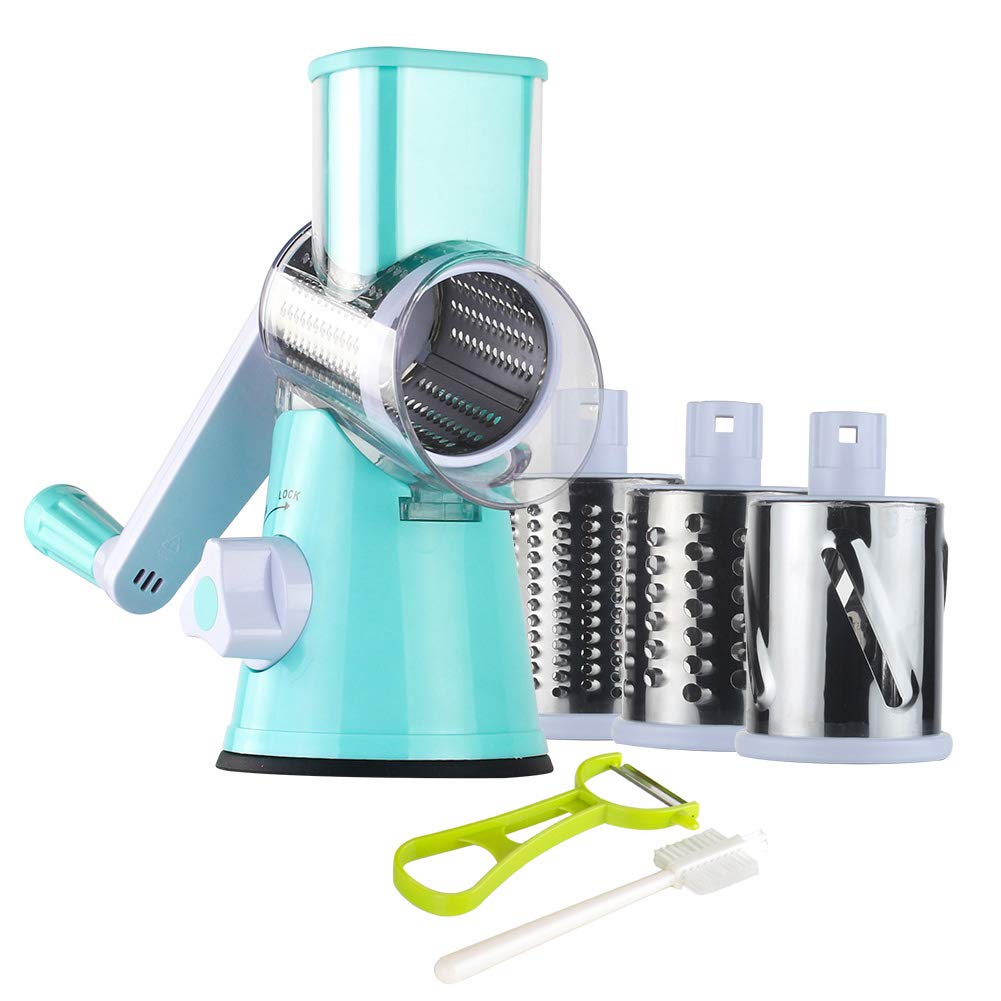 Photo 1 of Ourokhome Rotary Cheese Grater Hand Crank, Kitchen Shredder Speed Mandolin Slicer Nut Grinder with Handle and Drum Blades for Cheese, Vegetable, Walnut, Chocolate, Potato, Carrot, 3 Blades, Blue