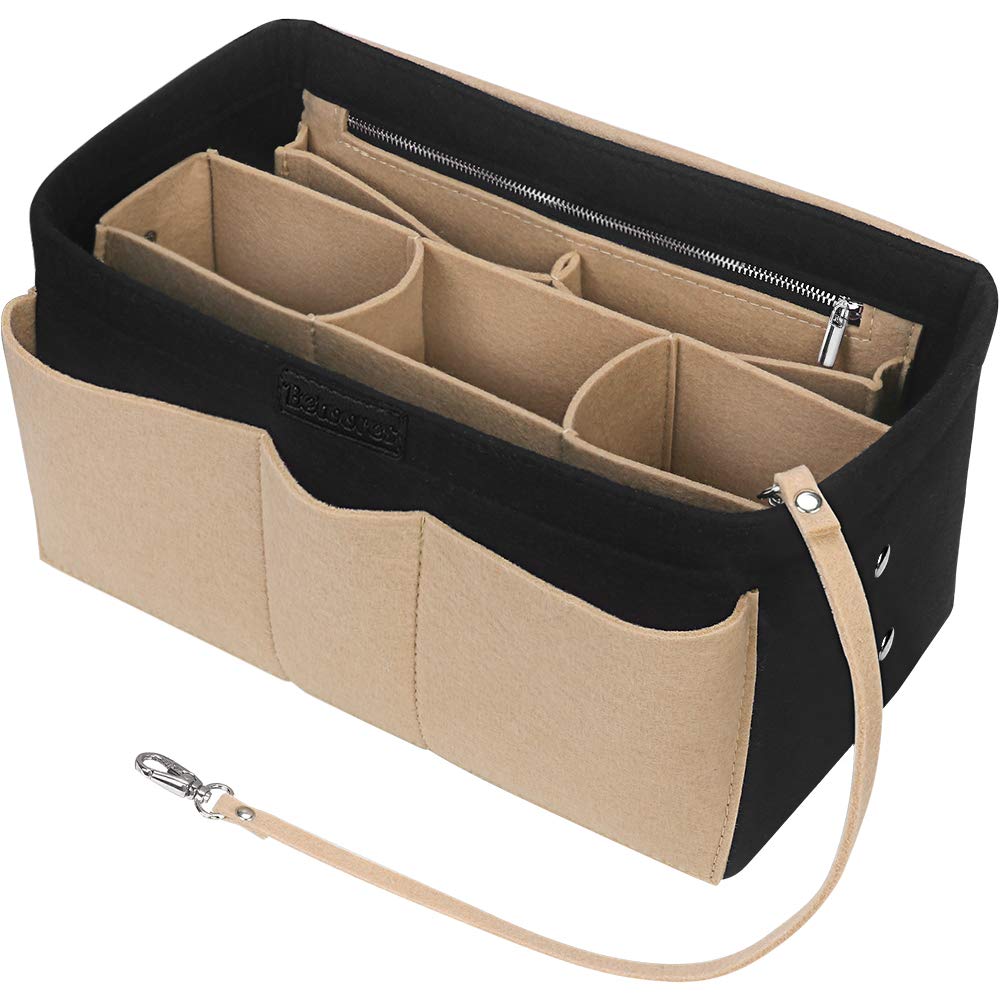 Felt Handbag Organiser, Betoores Multi-Pocket Purse Organiser Bag Organiser Tote Insert Handbag, Black&Beige - M
