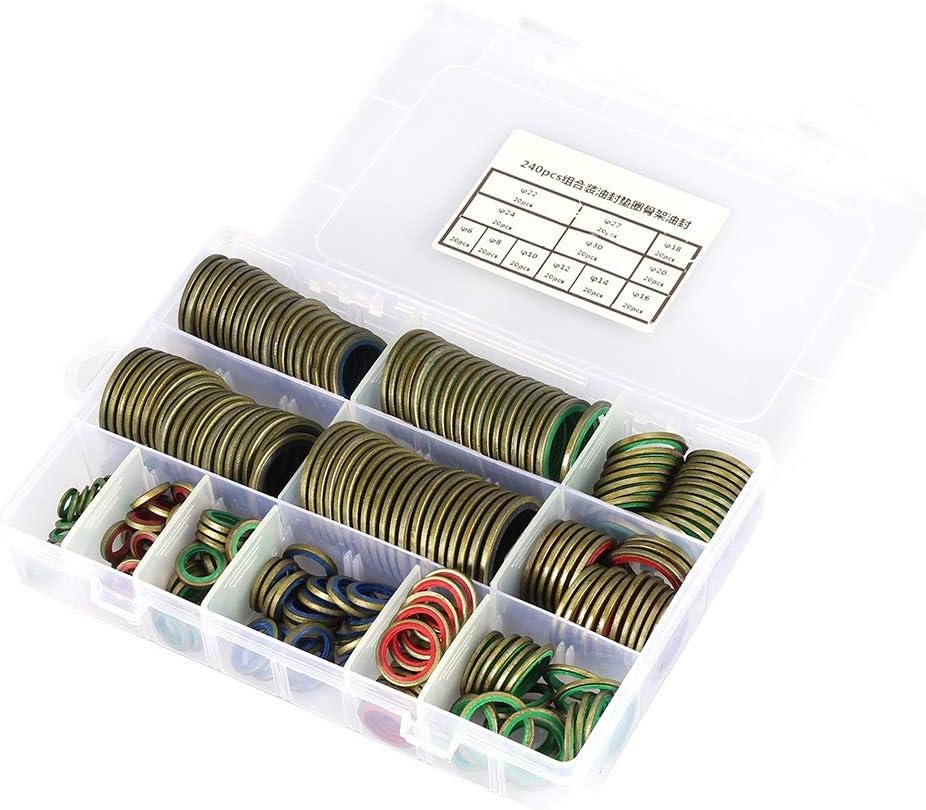 Sealing Ring - 6/8/10/12/14/16/18/20/22/24/27/30mm Metal Rubber Sealing Oil Ring Drain Plug Gasket Set(240pcs/pack)