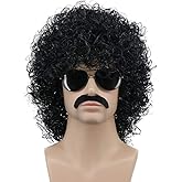 karlery Mens Short Curly Black Mustache Beard Afro Wig California Rocker Disco Halloween Cosplay Anime Costume Party Wig (Black)