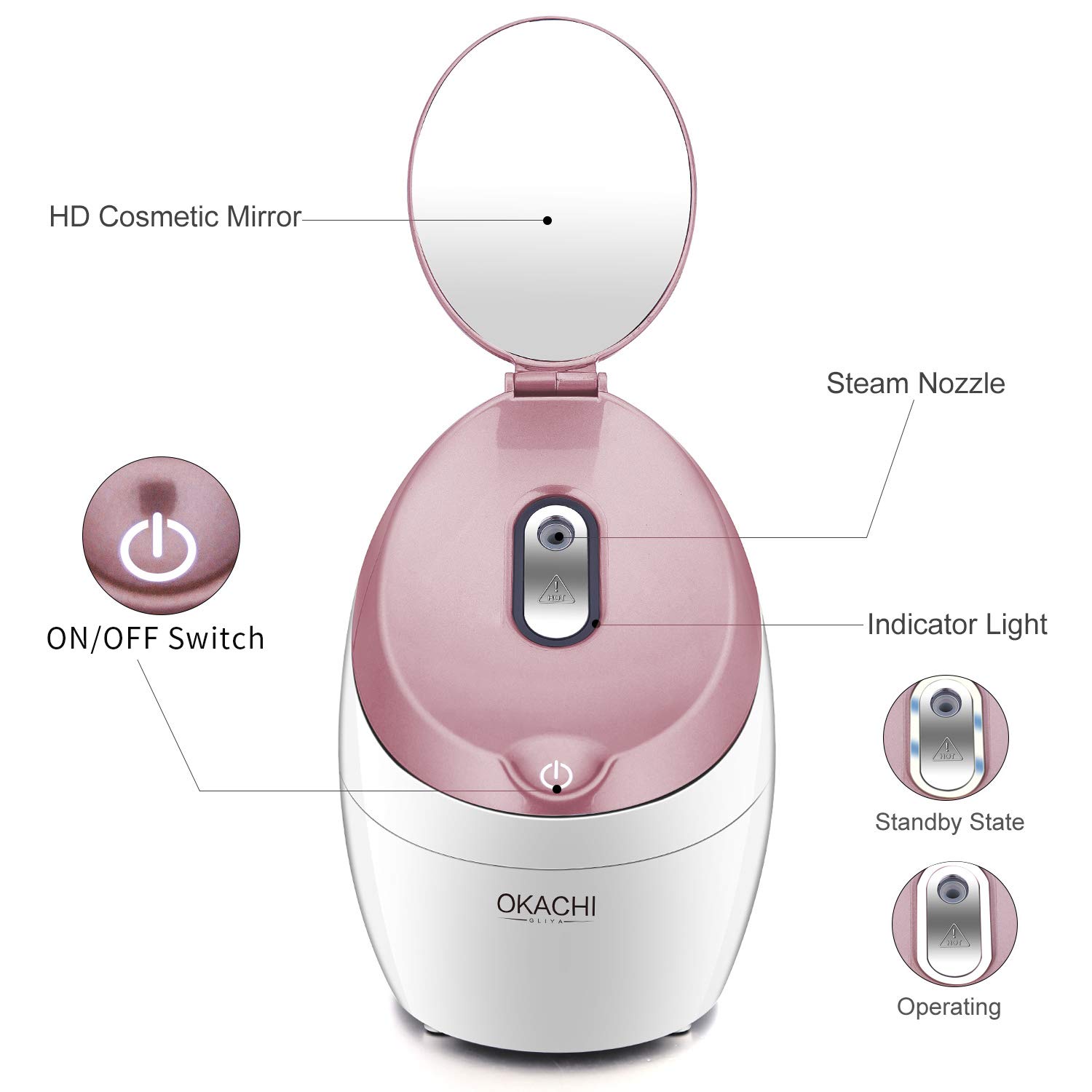 OKACHI GLIYA Facial Steamer Nano Hot Steam Face Spa Device Ionic Face Steaming Machine for Home Facials Personal Moisturizing Humidifier Vaporizer for Skincare Beauty (Rose Gold): Beauty