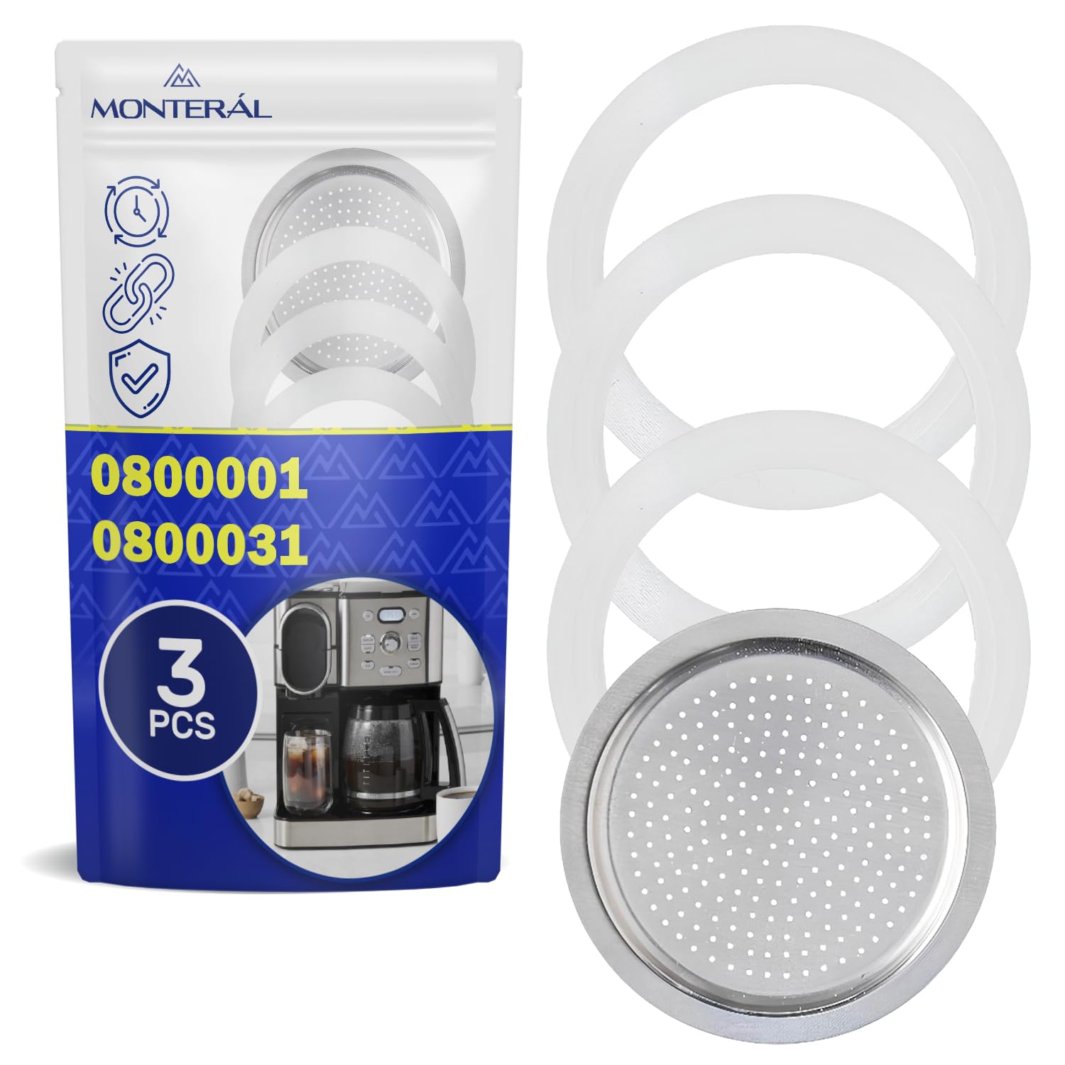 MONTERAL 3 Pieces Coffee Pot Gasket and Complete with 1 Filter for 1 Cup Coffee Makers with Original Code 0800001 0800031 for Bialetti