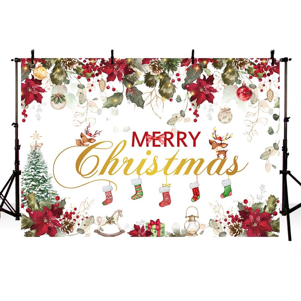 AIBIIN 7x5ft Christmas Backdrop Merry Christmas Party Decoration Banner Poinsettia Xmas Tree Photography Background Winter New Year Xmas Eve Family Party Decoration Supplies
