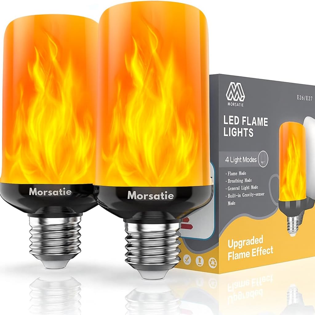 Photo 1 of ?Upgraded Flame?Morsatie LED Flame Light Bulbs, 4 Modes Flickering Light Bulbs with Gravity Sensor, E26 Fire Light Bulb for Halloween, Christmas, Party, Porch, Patio, Indoor Outdoor Decoration-2 Pack