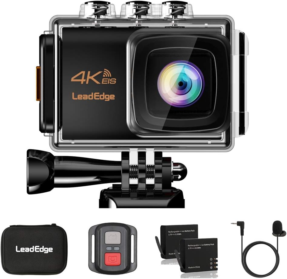 LeadEdge Action Camera 4K EIS Anti-Shake WiFi 20MP Waterproof Sports Cam Underwater DV Ultra HD 4K/30FPS 1080P/60FPS 30M Diving Remote Control/External MIC/Tripod/Carrying Case/2 Batteries