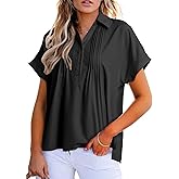Dokotoo Womens Tops Casual Short Sleeve Shirts V Neck Business Casual Pleated Blouses Polo Shirt