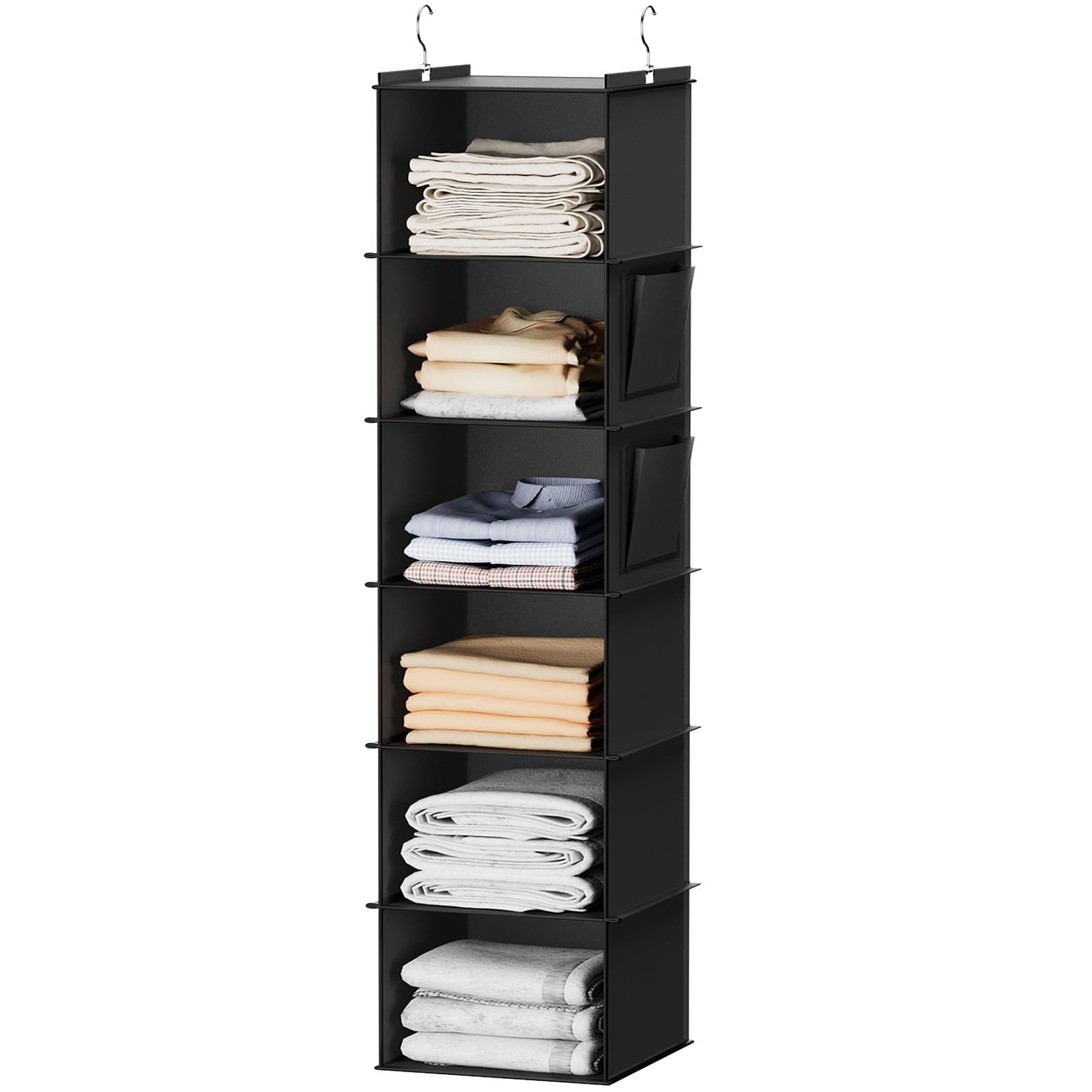 YOUDENOVA Hanging Closet Organizers 6 Shelves Wardrobe Storage Hanging Shelves With Side Pockets Clothes Organizer Bedroom Storage Black