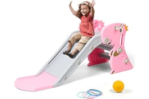BFAZKXY Indoor Slide for Toddlers 1-3, Foldable Kids Baby Toddler Slide Indoor Playset, Kids Slide Indoor and Outdoor Playground, Toddler Climber Playset with Basketball Hoop and Ring Toss(Pink)
