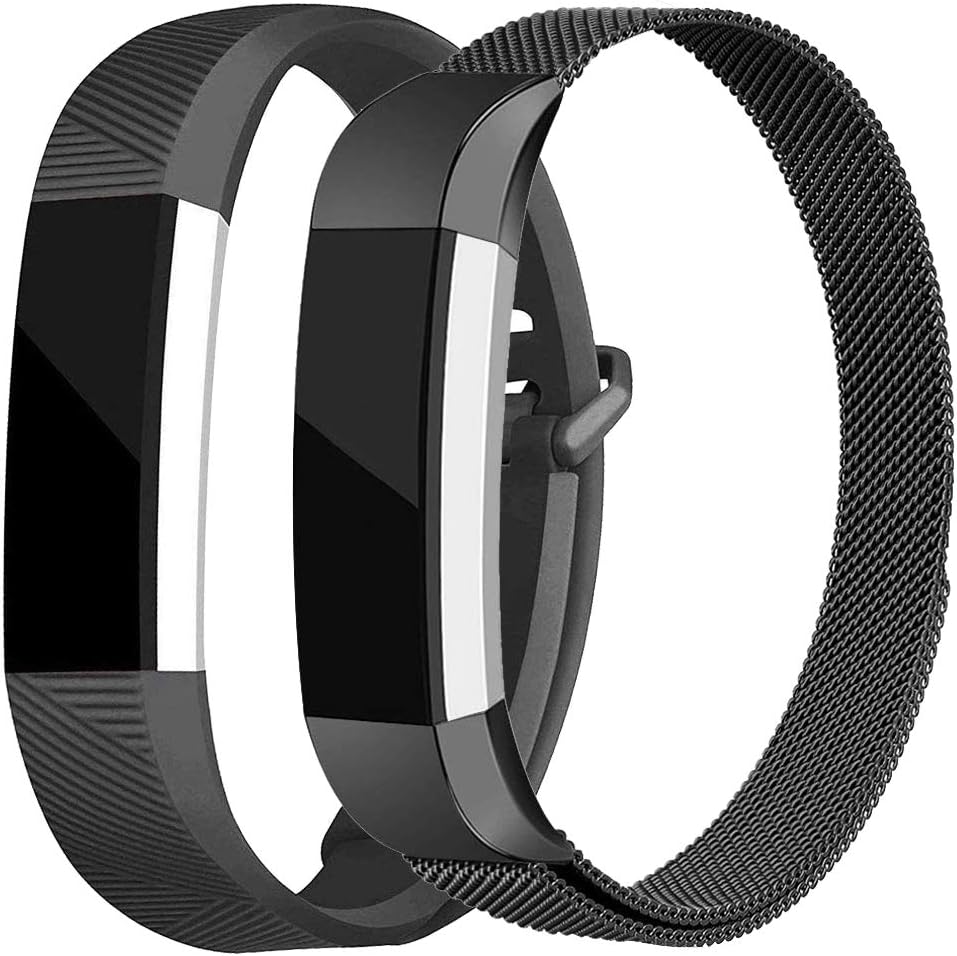 AKALE Replacement Bands Compatible for Fitbit Alta/Alta HR, Stainless Steel Metal Strap and Extra Silicone Replacement Bands (Black + Black Small)