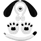 Taranovi Dog Long Ears Headband - 5PCS Dog Ears Headband Paw Gloves Nose Bowtie Tail for Adult Women Halloween Puppy Costume Fluffy Floppy Animal Cosplay Party Accessories Set (Black and White)
