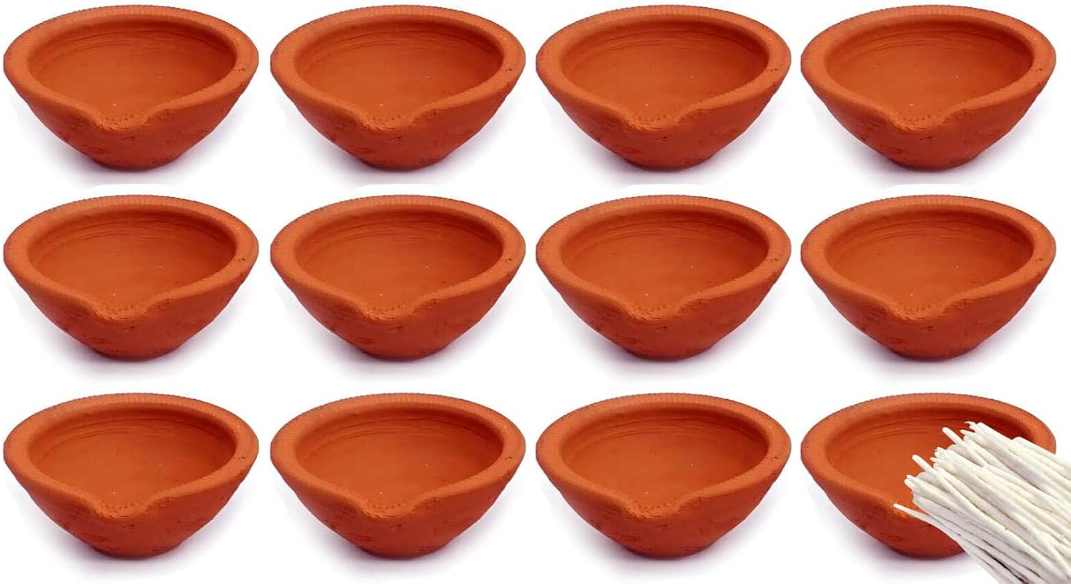 Oil Lamps & Accessories - SATVIK Clay Diya 12 Pc Set Earthen Diya with Cotton Wicks Batti Terracotta Diwali Dia Traditional Oil Lamp for Puja Vilakku Made of Natural Mitti Welcome Deepawali Pooja Decoration Indian Gift Items