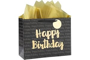 Loveinside Black and Gold Birthday Gift Bag with Tissue Paper for Birthday, Baby Shower, Men, Party and More, 13" x 5" x 10", 1 Pcs