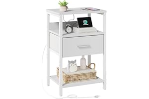 LDTTCUK Nightstand with Charging Station, Bedside Table with USB Ports and Outlets, End Table with Fabric Drawer, PU Finish and Storage Shelf, Night Stand for Bedroom, White