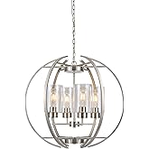 BOZO Brushed Nickel Chandeliers for Dining Room Light Fixtures Over Table,24" Globe Farmhouse Hanging Lighting Fixtures Indus