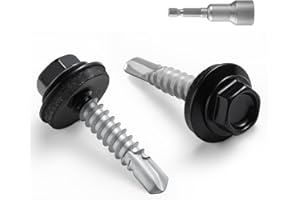 BNUOK #10 x 1 in Self-Drilling Metal Roofing Screws,Sheet Metal Roof Screw,EPDM Washer,Black Hex Head,with Hex Driver Bit(1LBs,85Pcs)