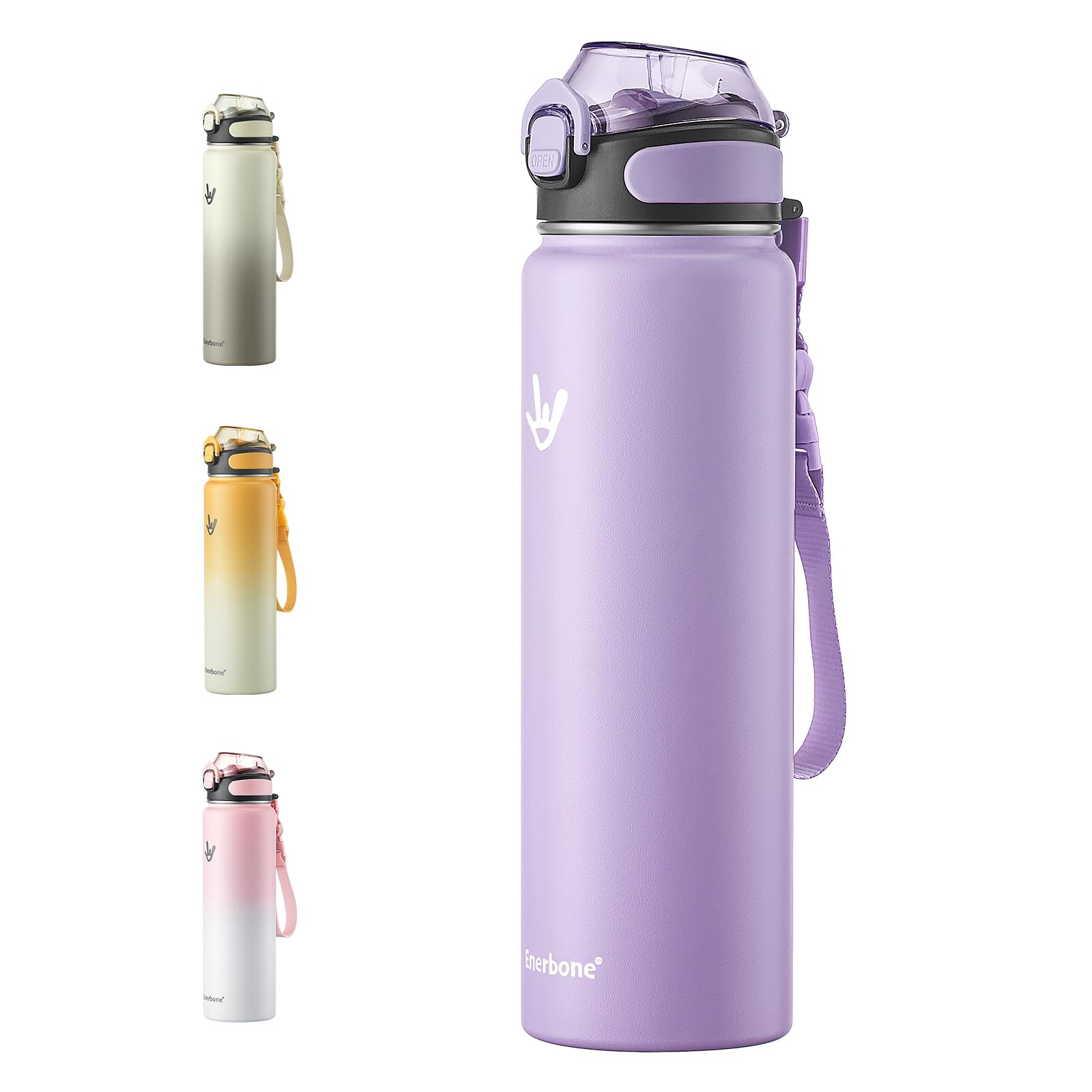 Photo 1 of Enerbone Insulated Water Bottle, 32 oz Stainless Steel Water Bottles with Carrying Strap, Double-Wall Vacuum Insulation Thermos, Leakproof Sports Bottle with Straw, Keep Drinks Hot or Cold for Hours