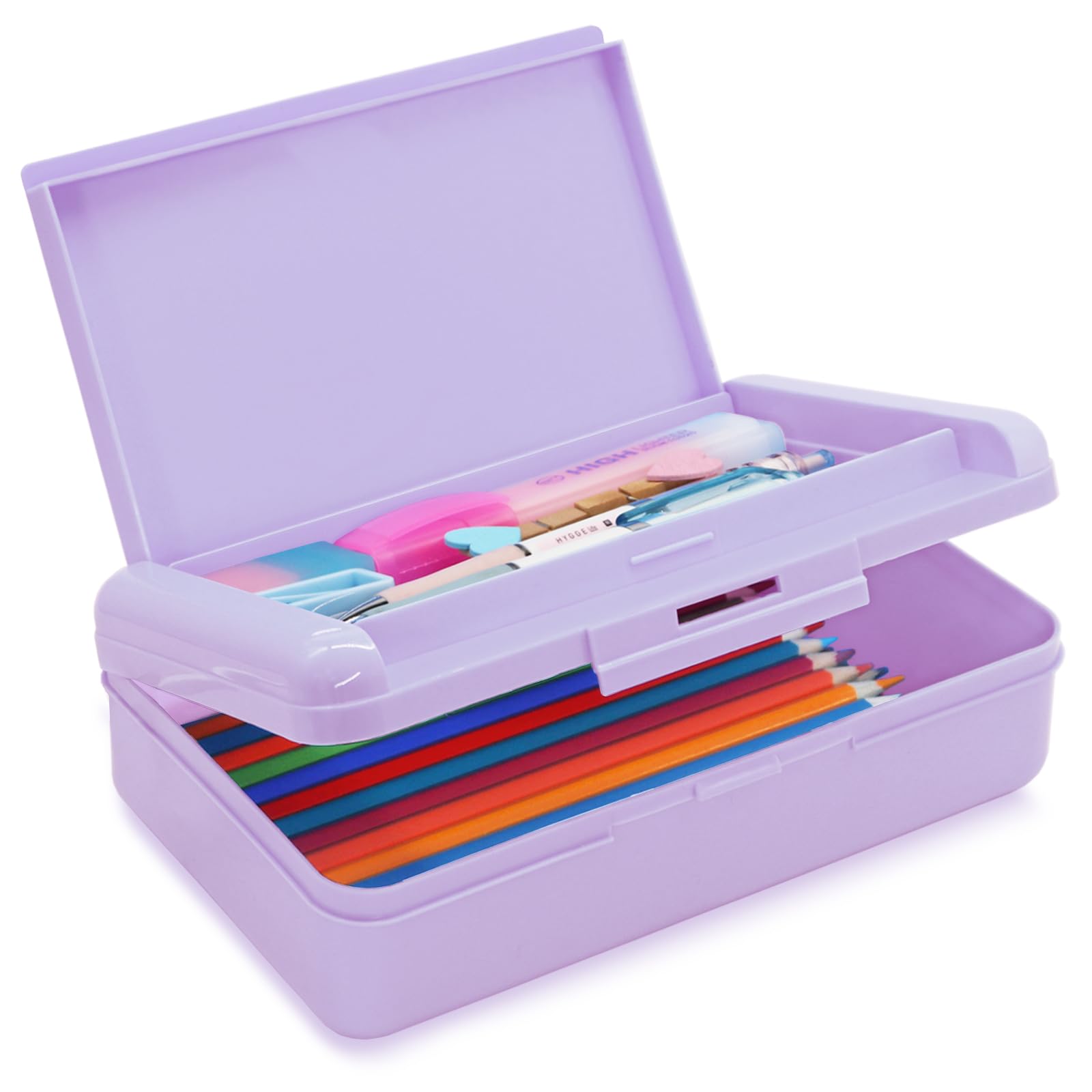 Photo 1 of Nuozme Double Layer Pencil Box, Hard Pencil case 2 Compartments, Plastic Large Capacity Pencil Case with Snap-tight Lid, Hard Storage Organizer Box for Girl Boy, Medium-sized(Purple)