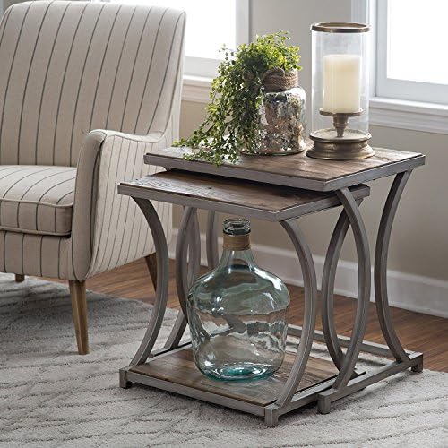 Rustic Aged Driftwood Finish Reclaimed Wood Set of 2 Nesting End Tables With Shelves Living Room Furniture Contemporary Furniture