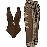 SOLY HUX Women's One Piece Swimsuit Deep V Neck Bathing Suit with Printed Beach Cover Up Skirt Brown Printed Large