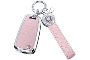 RUABIBAN for Chevy Key Fob Cover with Keychain, Pink Leather Crystal Key Case Protection Shell Compatible with Chevrolet Equinox Camaro Cruze Malibu Sonic Folding Key