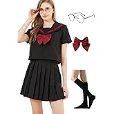 Yarawphy Women's Japanese School Girls Uniform Sailor Costume Long Sleeve Anime Cosplay Pleated Skirt with Glasses Socks