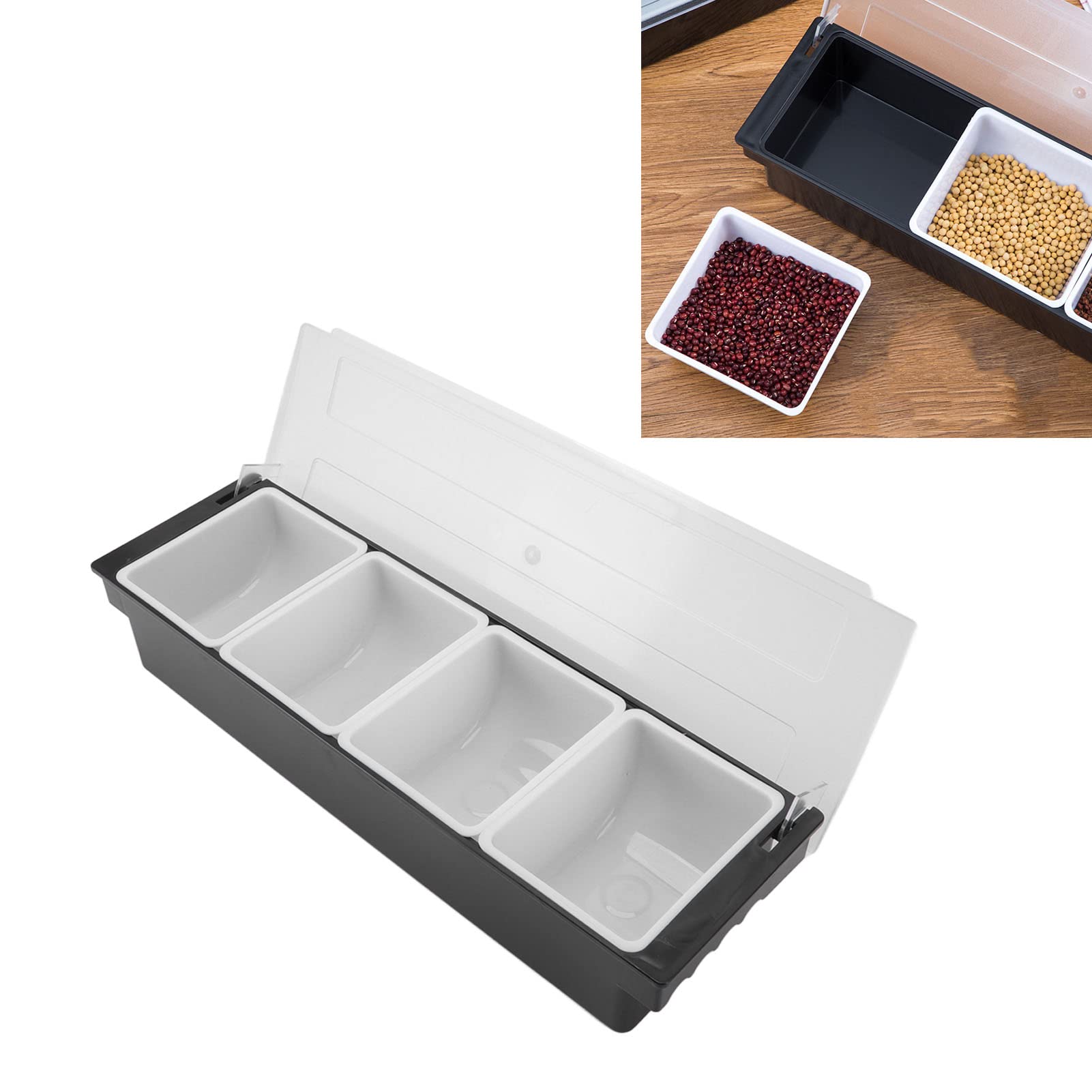 Compartment Trays Detachable Topping Station Plastic Pizza Ingredients Condiment Dispenser Reusable Ice Cooled Condiment Seasoning Container for Home or Restaurant Chilled Garnish (4 Compartments)