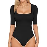 MANGOPOP Women'S Half Sleeve Bodysuit Square Neck 3/4 Sleeve Body Suits Dressy Fitted Going Out Tops