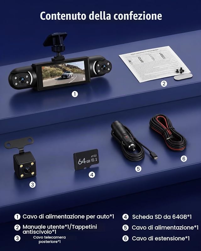 Dash Cam Auto 4 Canali, Frontale 1080P, 3 Telecamere, 64 GB — foto 6 di 6