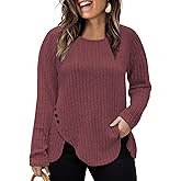 VISLILY Womens-Plus-Size-Tops Trendy Tulip Hem Long Sleeve Shirts Casual Lightweight Knit Sweaters Cute Button Decor Tunics