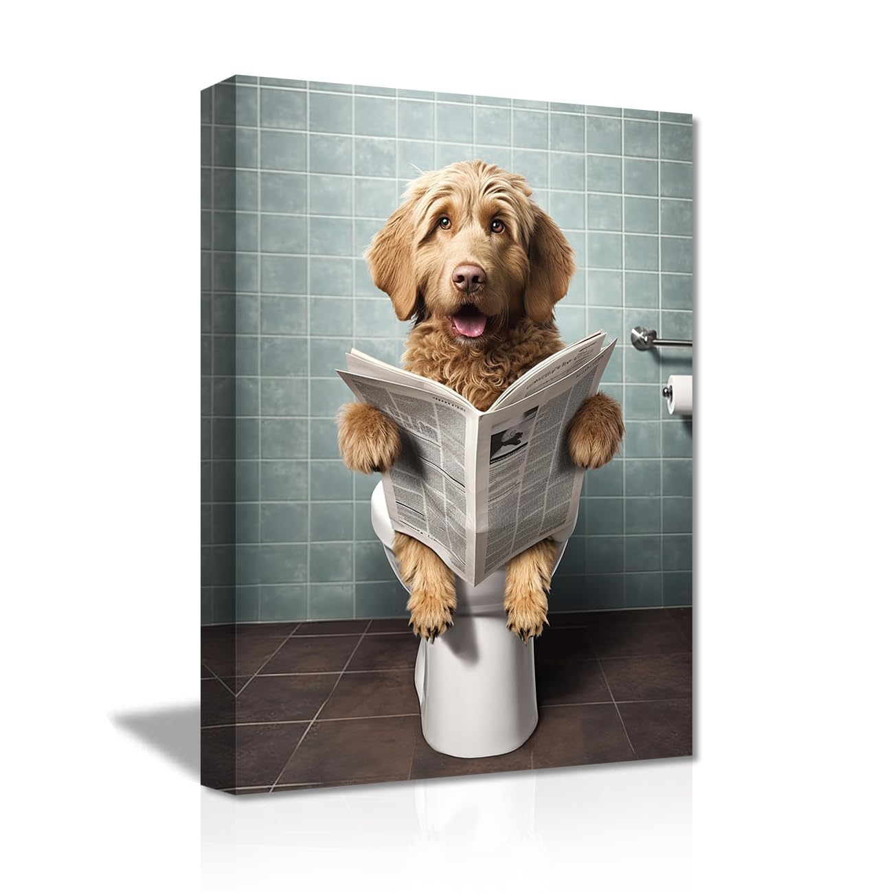 LZIMU Wall Art - Cute Dog Sitting on Toilet Reading Newspaper Canvas Prints - Funny Animals Bathroom Pictures Decor Framed (12"x18" / 30x45 cm)