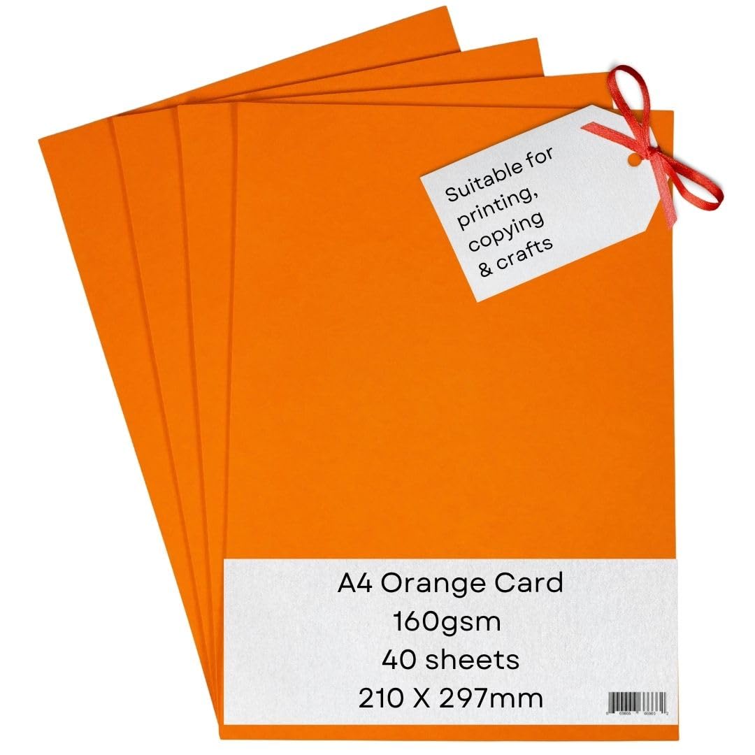 A4 Orange Card Paper Printer - 160gsm 40 Sheets - Coloured - Suitable for Craft, Printing, Copying, Photocopiers
