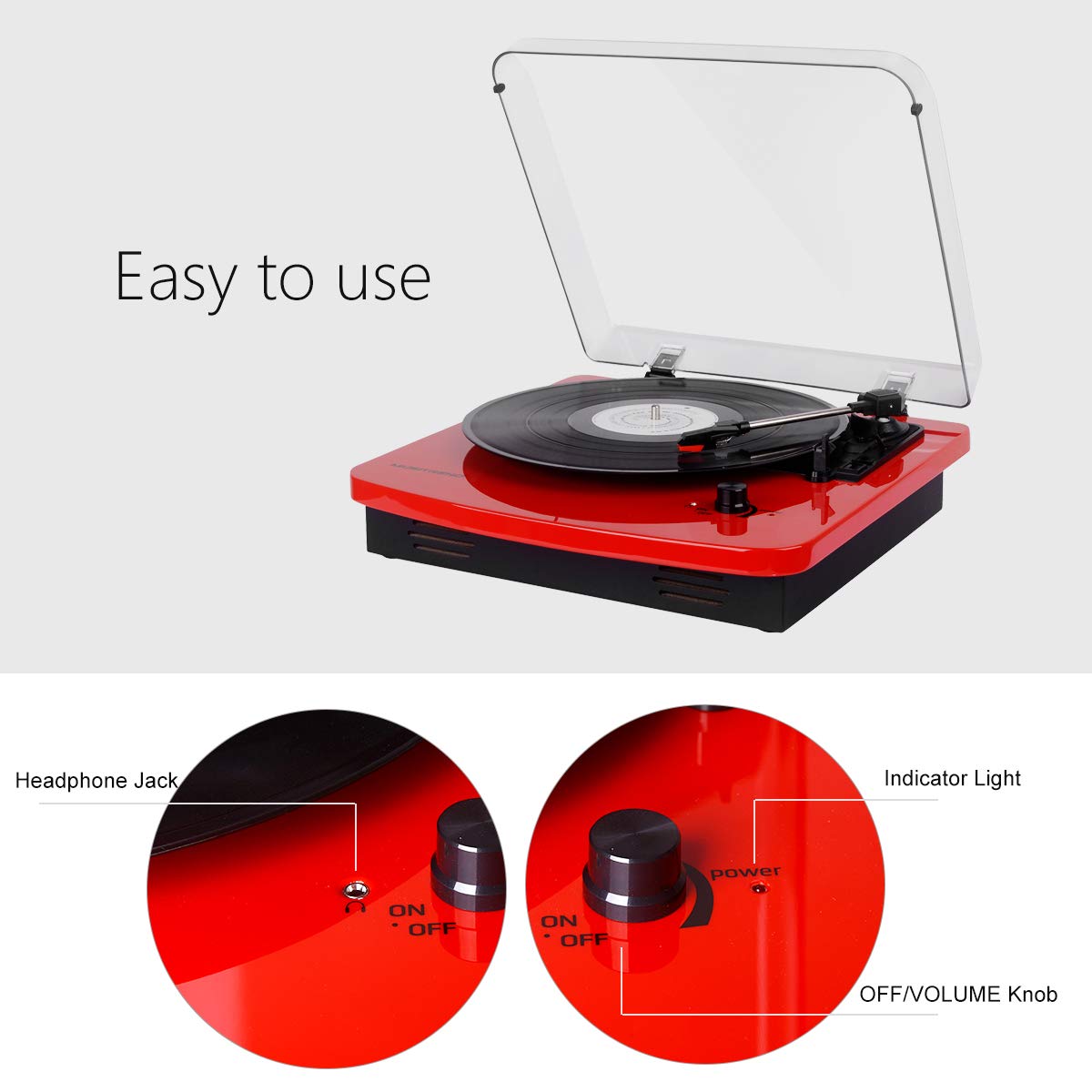 Musitrend LP 3-Speed Turntable with Built-in Stereo Speakers, Vintage Style Record Player Support Vinyl-to-MP3 Recording, RCA Output, Red …