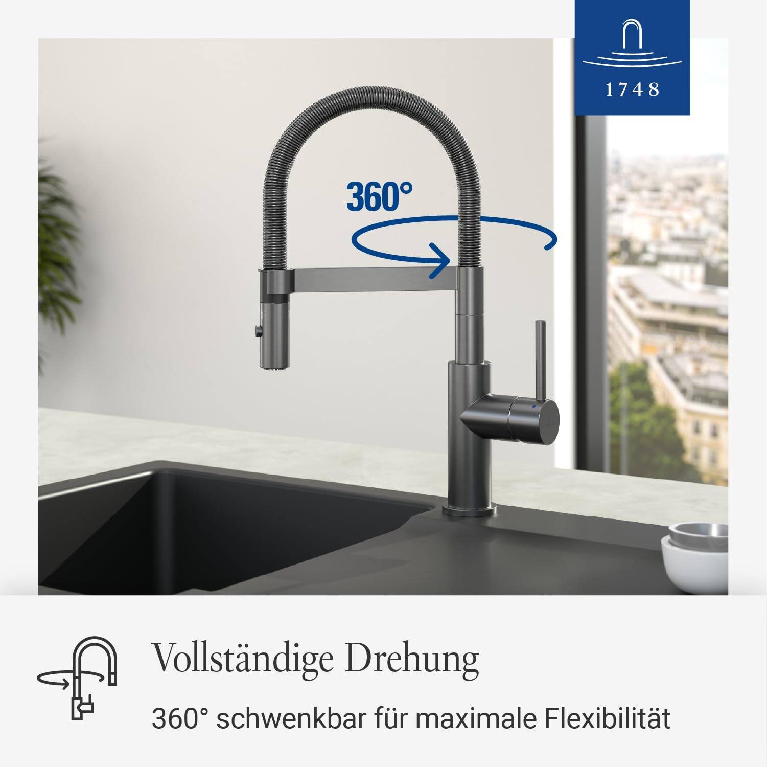 Villeroy & Boch Steel Expert Compact Küchenarmatur, Hochdruck, Wasserhahn Küche mit Umschaltfunktion und schwenkbarem Auslauf, Spültischarmatur wassersparend, Auslauf Höhe 143mm, Anthracite 2