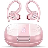 Wireless Earbuds Bluetooth 5.3 Headphones Sports, 48Hrs Playtime Bluetooth Earbuds with CVC 8.0 Mic, 2025 Stereo Bass Over Ear Bud with Earhooks, LED Display, IP7 Waterproof Earphon for Running Rose