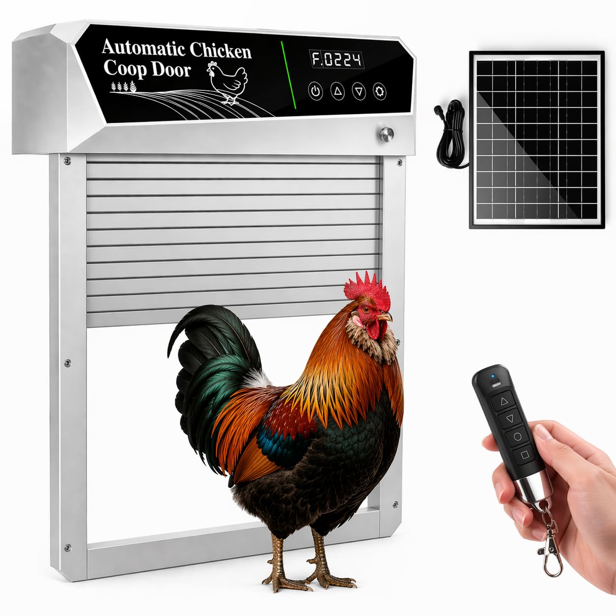 automatic chicken coop door solar powered, roll-up auto chicken door with timer & light sensor, anti-pinch safety, weatherproof aluminum remote control