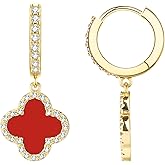 Gold Dangle Earrings for Women 14K Gold Plated Small Huggie Drop Earrings with Clover Charm