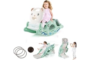 Costzon 4 in 1 Toddler Slide Rocking Toy, Slide for Kids with Basketball Hoop and Ring Game, Rocking Horse, Foldable Climber Playground Slide for Both Indoors Outdoor Use (Green Ocean)