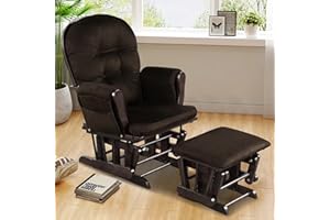 Costzon Glider and Ottoman Set, Wood Glider Rocker for Nursery, Upholstered Comfort Nursing Rocking Chair with Storage Pocket, Padded Armrests & Detachable Cushion, Easy to Assemble (Brown)