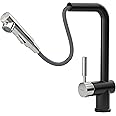 TORVA Pull Down Kitchen Faucets, Stainless Steel Kitchen Sink Faucet with Pull Out Sprayer Single Handle with Deck Plate, Matter Black+Chrome