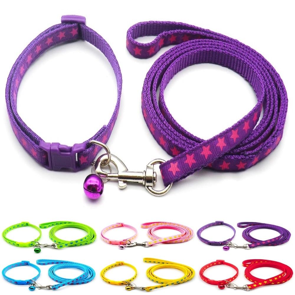 Small Dog Puppy Pet Collar and Lead Set Star Design Nylon Adjustable Size 19-32cm Collar with Bell and 120cm Leash Purple