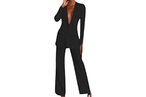 YMING Women's Fall 2 Piece Blazer Set Casual Loose Long Blazer Jackets and Dressy Wide Leg Pant Suits with Pockets