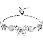 MILKYX Genuine Moonstone Butterfly Link Bracelet for Women, Sterling Silver Real Gemstone Healing Adjustable Bracelet Jewelry, 6.5''-7.5''