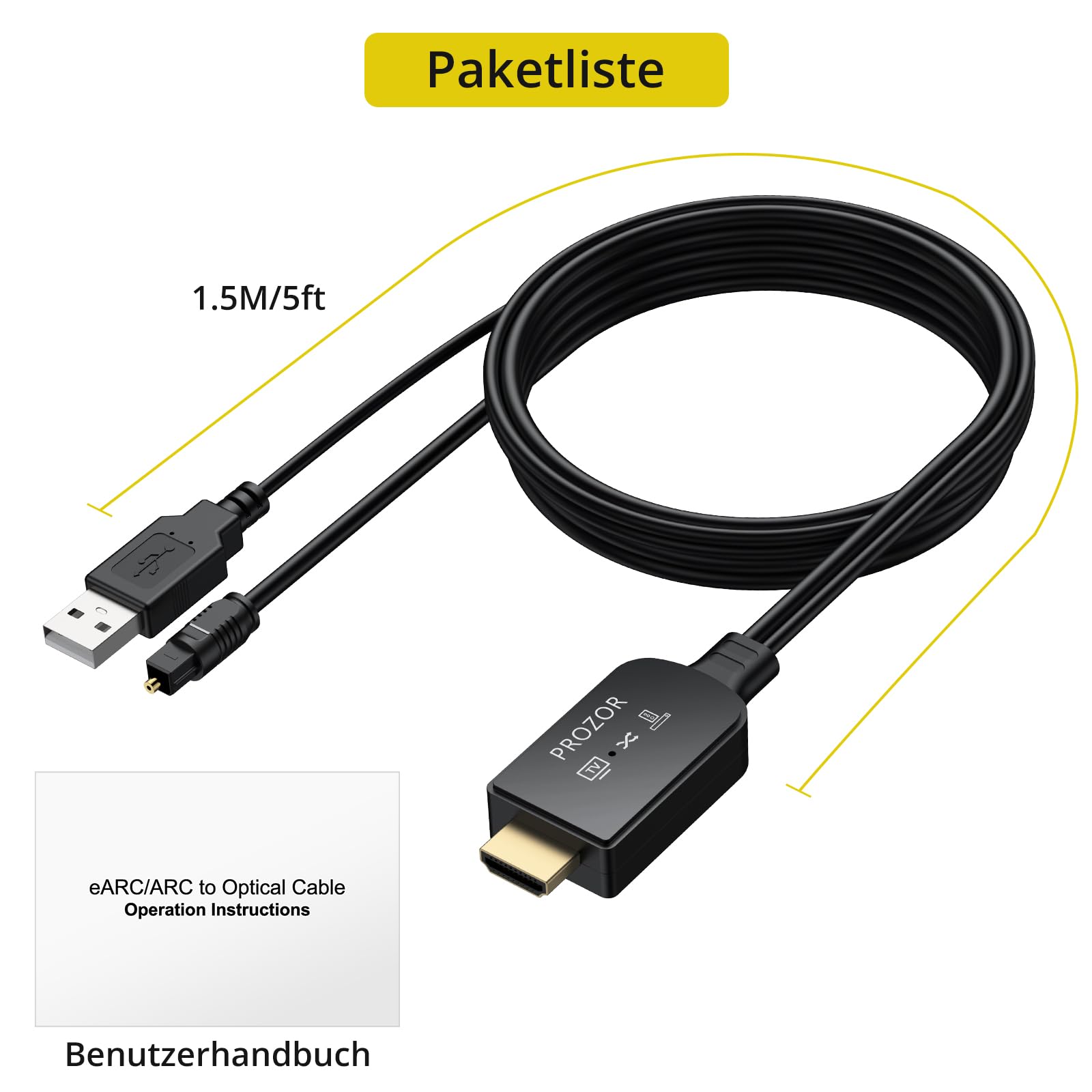 PROZOR HDMI eARC/ARC zu Optischer Adapter eARC/ARC zu Optisch Konvertierungskabel 192KHz/24bit (1.5M/5ft) für Soundbars, HDTV,kabellose Kopfhörer,Heimkinosysteme,Unterstützt PCM 2.0, Dolby Digital 7